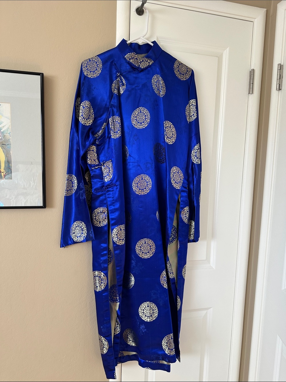 Blue Satin Long Coat with Gold Medallion Print